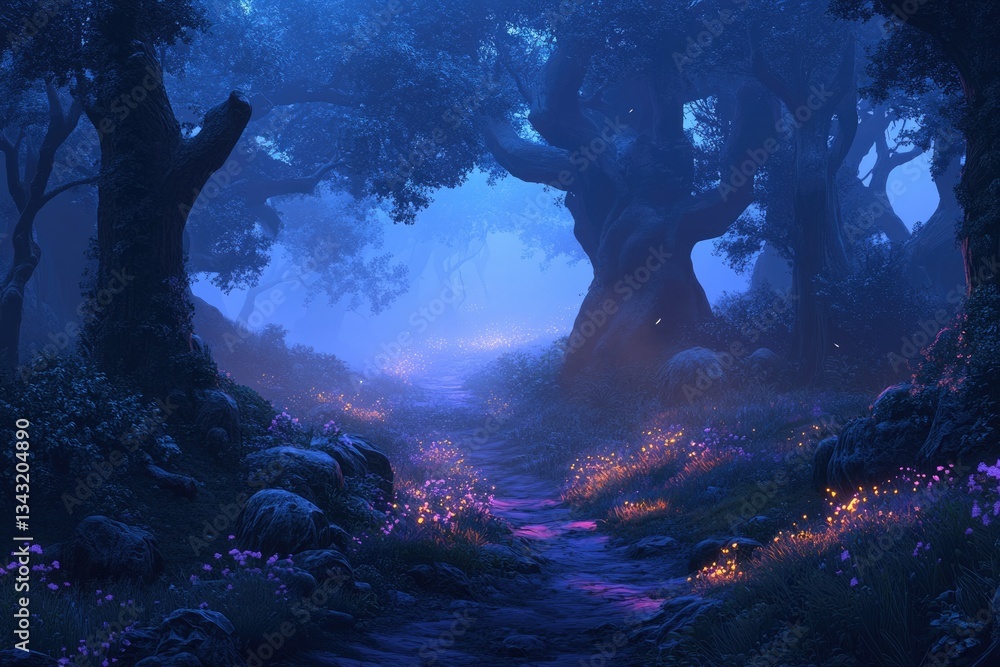 Poster Enchanted forest path at twilight, glowing flowers and ancient trees create a magical scene.