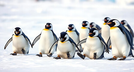 Obraz premium A group of playful penguins sliding on ice, with a large, clear area of snow 
