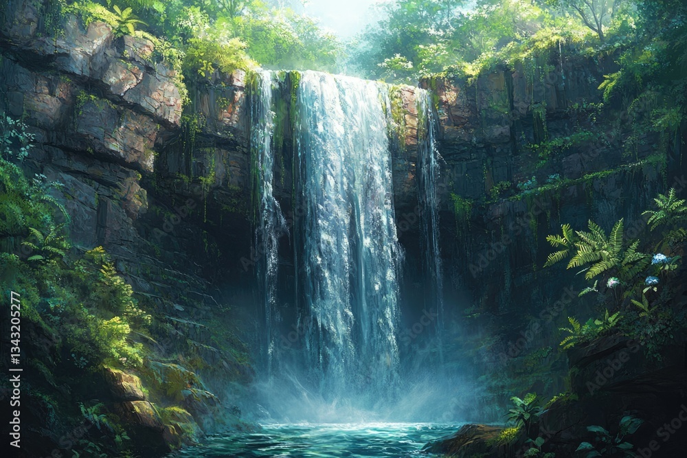 Poster serene waterfall cascading down lush green cliffs in a vibrant jungle, creating a tranquil oasis.