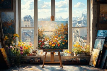 A modern art studio featuring a large, empty canvas on an artistic easel
