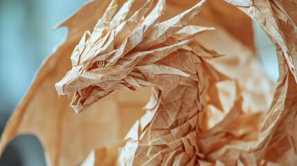 A close-up of a detailed origami dragon, showcasing the intricate folds and craftsmanship of the design.