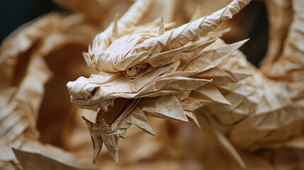 A close-up of a detailed origami dragon, showcasing the intricate folds and craftsmanship of the design.