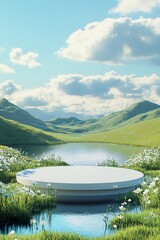 Round Platform Display in Lush Meadow Landscape with Lake and Mountains