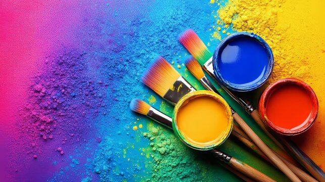 A banner adorned with paintbrushes, wine glasses, and creative bursts of color, designed to promote summer sip and paint offers