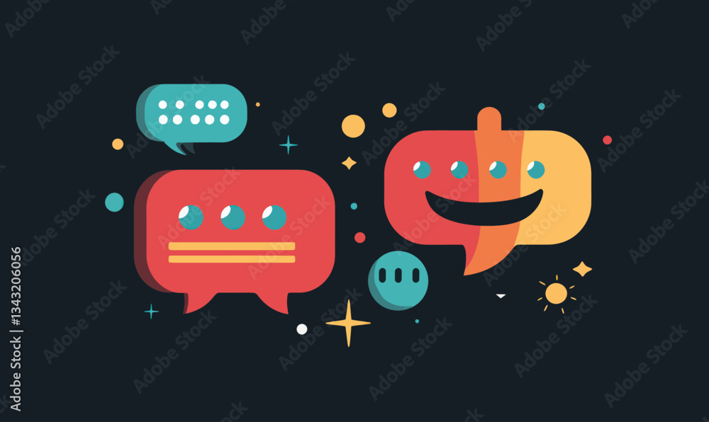 Poster ai chatbot interaction vector illustration with speech bubbles and technological elements