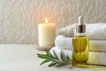 Spa, wellness, and relaxation setting.  Soft lighting, essential oils, and towels create a serene atmosphere