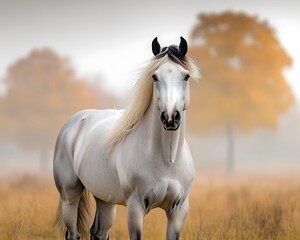 Majestic white horse in autumnal field