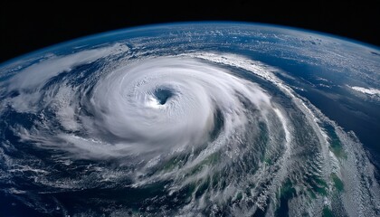 Fototapeta na wymiar A breathtaking view of a hurricane from space, showcasing its perfectly formed eye at the center, surrounded by swirling clouds and intense winds over the vast, deep blue ocean.