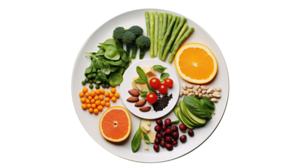 Nutritious Food on Plate Isolated on PNG Transparent. Dieting, Wellness, Healthy Eating Concept
