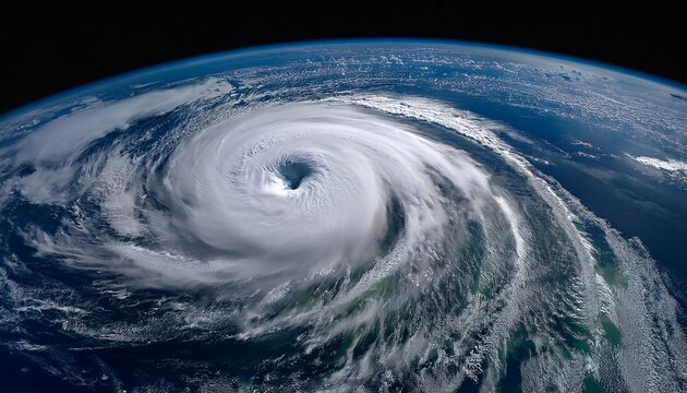 A breathtaking view of a hurricane from space, showcasing its perfectly formed eye at the center, surrounded by swirling clouds and intense winds over the vast, deep blue ocean.
