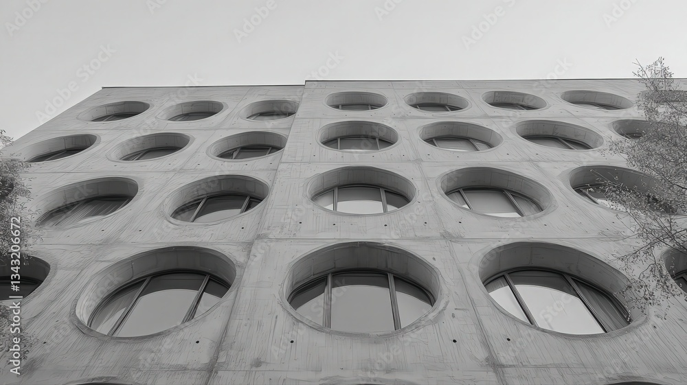 Poster gray building facade with repeating circular windows