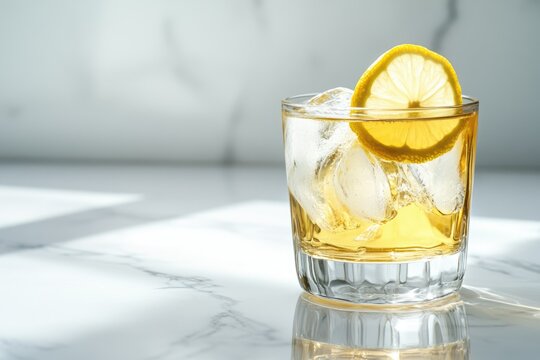 Refreshing iced drink in a rocks glass, garnished with a lemon wedge, sits on a marble surface.