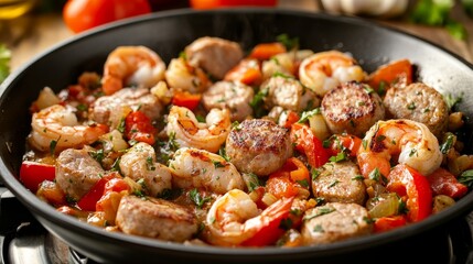 Fototapeta premium Scooping hot jambalaya with a hand from a large pot containing rice and spices
