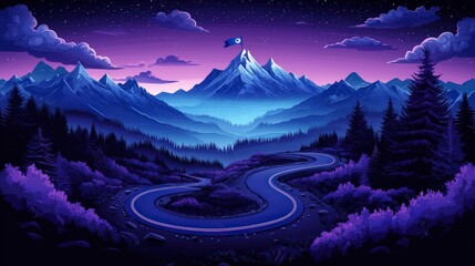 Winding Road to Mountain Peak Success  Achievement  Goals  Night Landscape