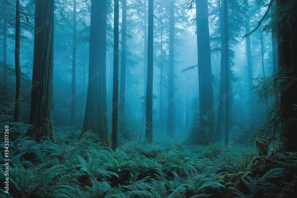 Poster Enigmatic, misty forest scene with tall trees and lush ferns, creating an ethereal atmosphere.