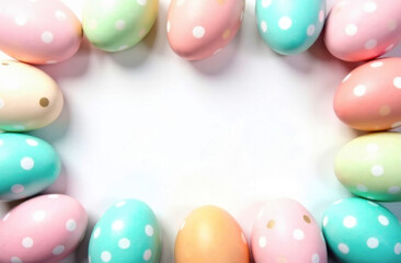 Easter holiday. Easter card with white copyspace background. Tangular square frame painted pastel multicolored Easter eggs.