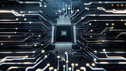 Futuristic CPU at the core of a glowing circuit board network. Advanced technology concept.