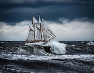 Obraz premium Firefly sailing through stormy waters with towering waves under dark clouds