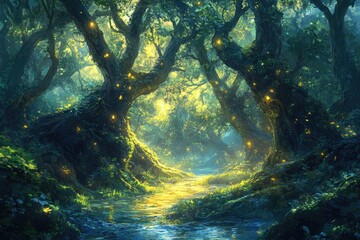 Obraz premium Enchanted forest path with glowing fireflies, a mystical stream flows through ancient trees.