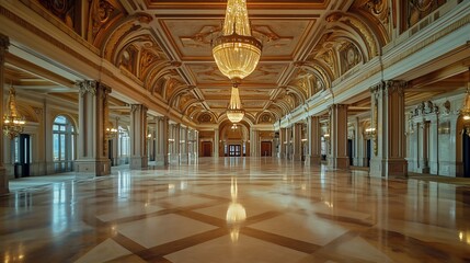 Obraz premium Inside Grand Ballroom with Chandeliers and Marble Floor Reflection
