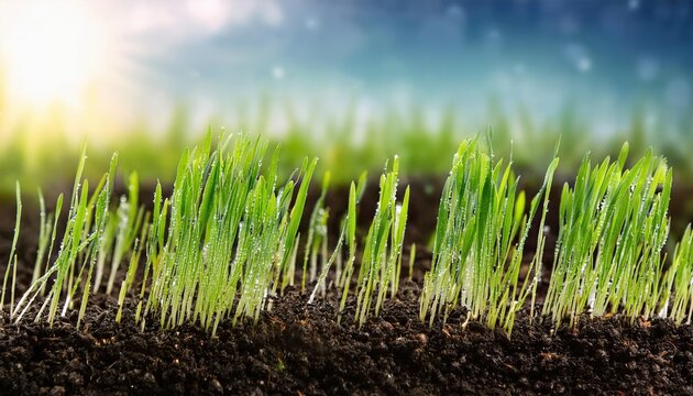 Newly sprouted wheat plants emerge from rich soil under a bright sky during the early morning light