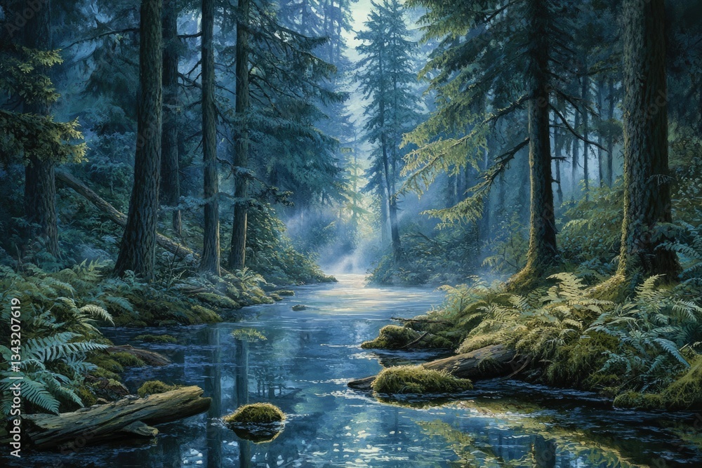 Poster serene forest stream reflecting sunlight through towering evergreens, creating a mystical atmosphere
