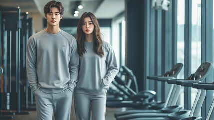 Obraz premium Stylish Couple in Grey Athletic Wear Fitness Gym Fashion Modern Activewear Sporty Couple Workout Clothes Healthy Lifestyle man 