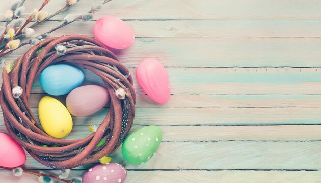 Colorful Easter eggs arranged in a decorative nest on a rustic wooden surface with spring elements