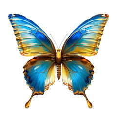 Vivid Blue and Gold Butterfly with Intricate Patterns on White Background