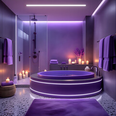 Step into a world of modern luxury with this hyper-realistic 3D-rendered bathroom. This sophisticated and high-end space features a circular bathtub in a rich, elegant hue