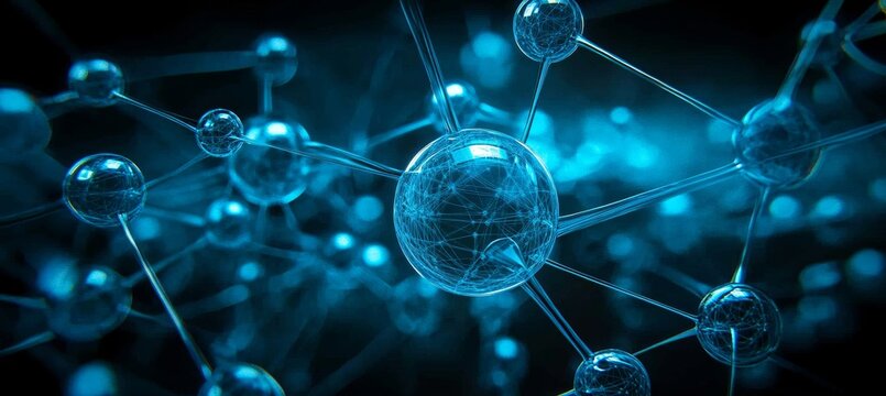 Interconnected Network of Glowing Blue Spheres with Vibrant Trails and Shallow Depth of Field