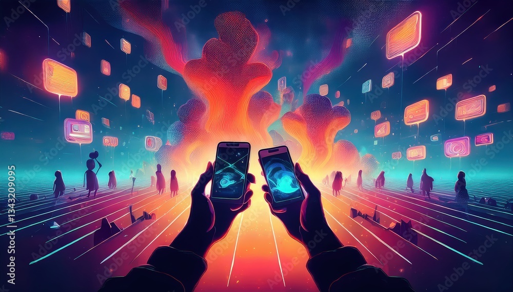 Poster digital wildfire spreads through cyberspace as glowing embers and silhouettes of users interact with