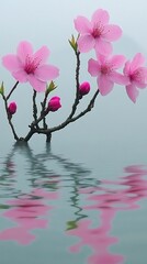 Pink blossoms over water, reflection, foggy mountain background