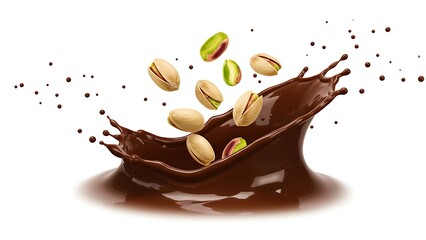 Pistachios falling into chocolate splash, white background.