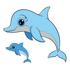 Obraz premium A heartwarming scene of a mother dolphin and her baby swimming together in the ocean, symbolizing love, care, and harmony in a serene aquatic setting.