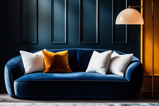 Modern living room with blue couch and accent pillows in elegant lighting. Pillow mockup template