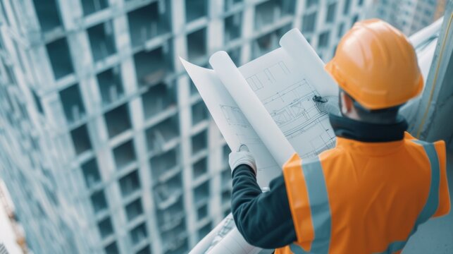 Skilled technicians and engineers in safety vests checking reinforcement blueprints inside a skyscraper under development. No excessive blur, high clarity.