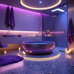 Step into a world of modern luxury with this hyper-realistic 3D-rendered bathroom. This sophisticated and high-end space features a circular bathtub in a rich, elegant hue