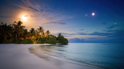 Tropical beach with palm trees at sunset