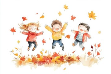 Fototapeta premium Three joyful children jump in a swirl of colorful autumn leaves, celebrating the beauty of fall with laughter and delight.