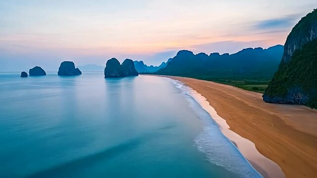 A serene sunrise over a tranquil bay with sandy beach, perfect for summer getaways and nature retreats