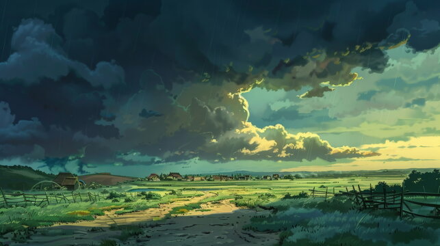 A storm cloud with dark grey and black color is rolling in over the green prairie