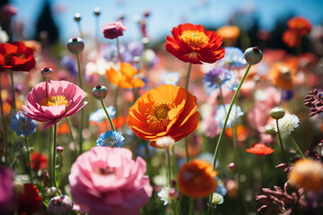 garden of a spring meadow, teeming with verdant life, blooming flowers, and exuberant revelry, encapsulates wondrous reawakening of existence - obrazy, fototapety, plakaty