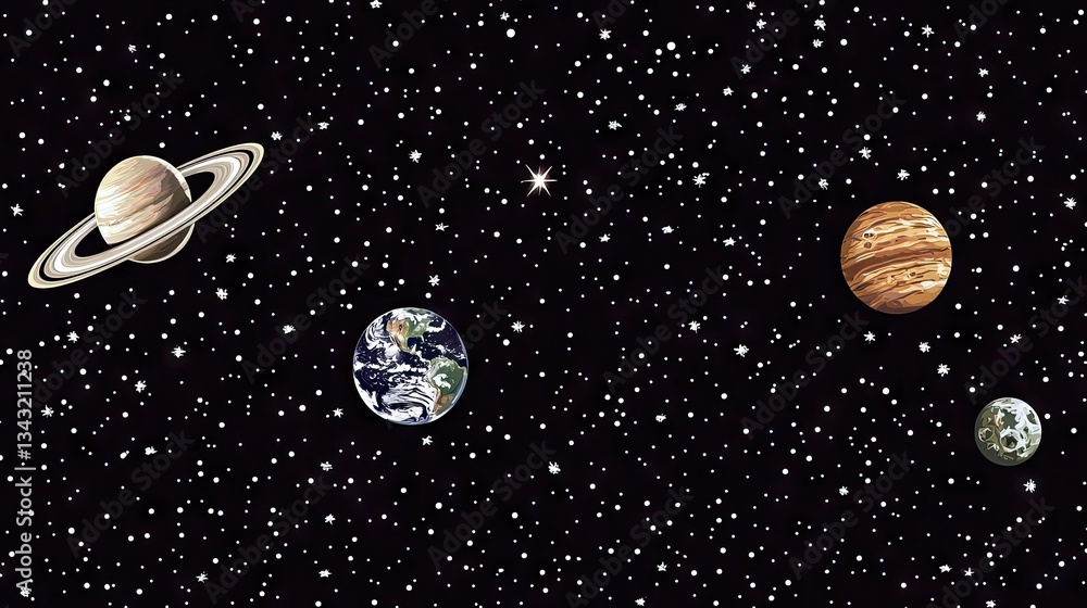 Wall mural planetary array against a backdrop of endless stars in the vastness of space