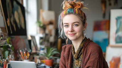 Obraz premium Creative Woman with Colorful Hair Working on Laptop in Art Studio Surrounded by Artwork