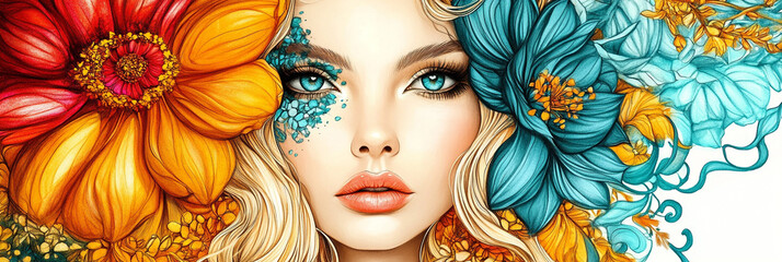 Naklejka premium Sketch, illustration ofbBeautiful young blonde woman with flowers and petals on her face. Beauty parlor / spa banner horizontal concept, copyspace. Colorful background.