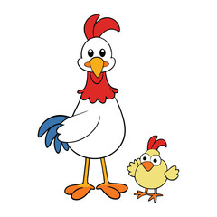 A heartwarming scene of a proud father rooster standing tall, with a small, fluffy baby chicken by his side. Symbolizing protection, love, and the bond between parent and child.