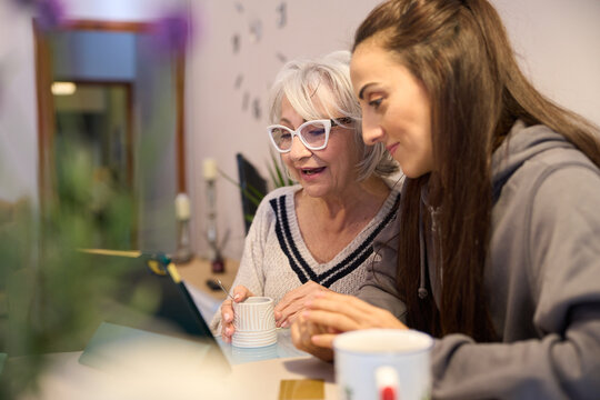 Senior woman and social worker browsing tablet together at home
