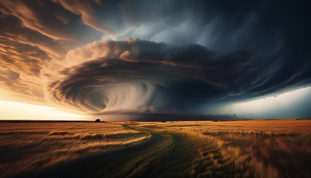 A giant supercell thunderstorm over an open prairie with swirling dark clouds. Semi-realistic scene emphasizing dramatic atmosphere, scale, and dynamic weather motion.
