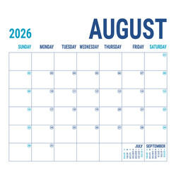 Planner August 2026 year. English calendar template. Vector square grid. Office business planning. Creative trendy design. Blue color
